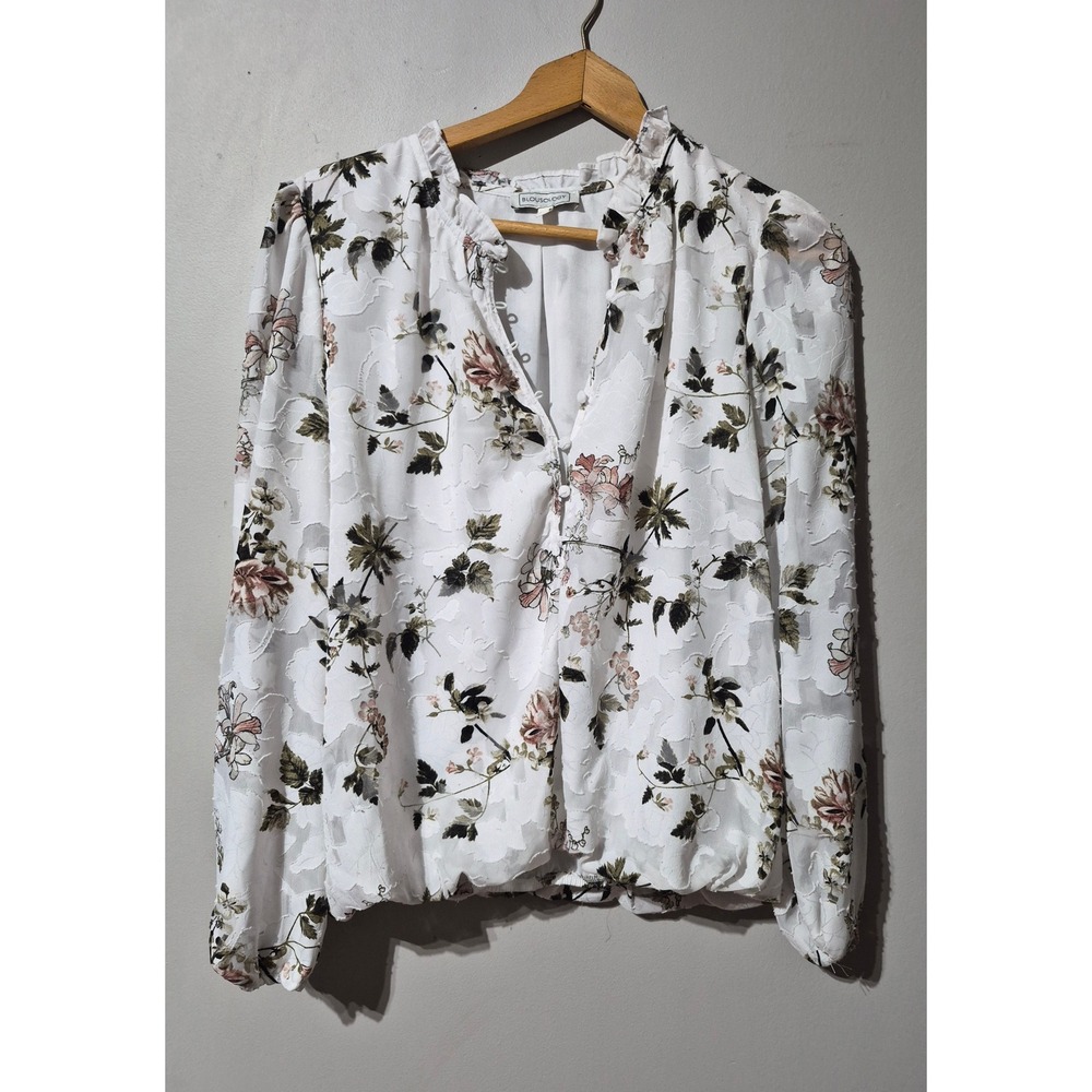 Blousology Womens Floral Ruffle Blouse White Long Sleeve Button Front Size L